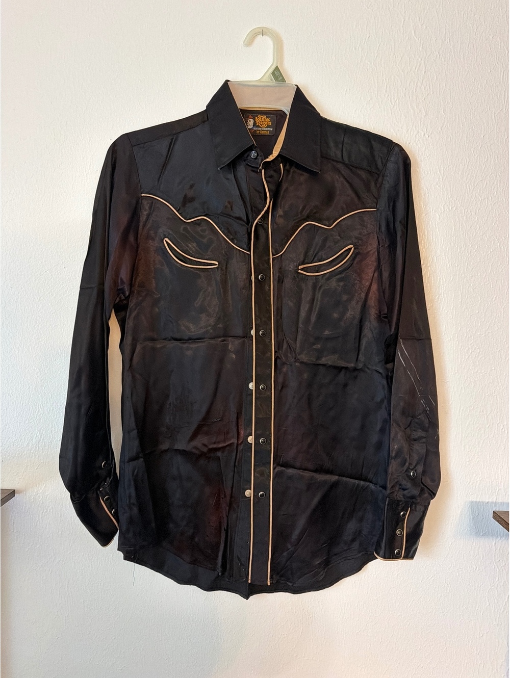 Kenny Rogers Western Collection Black Satin Western Shirt with Tan Piping Size 6